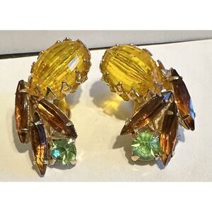 VINTAGE JEWELRY ANTIQUE EARTH TONED‎ RHINESTONE CLUSTER CLIP ON EARRINGS